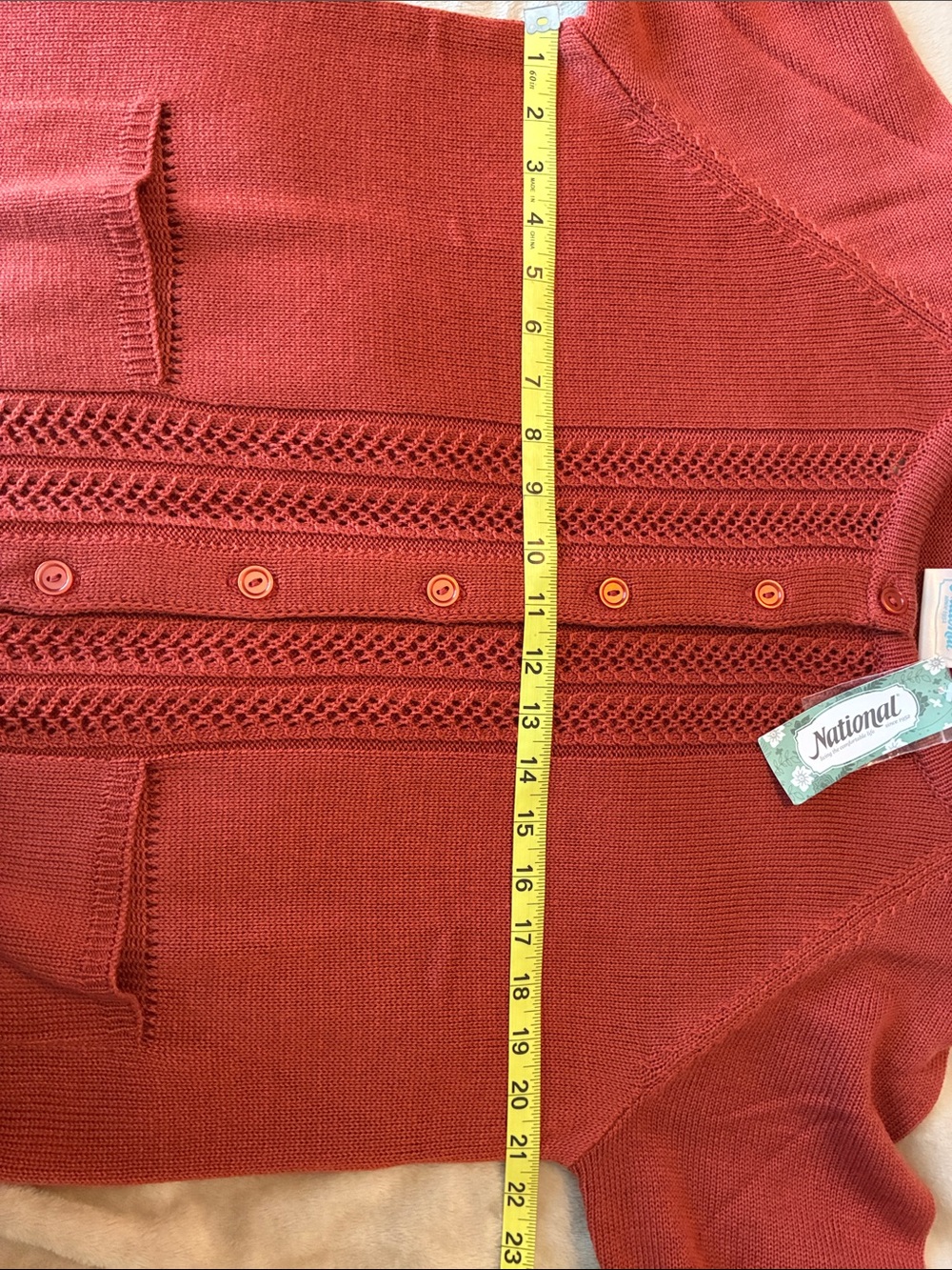 Rust Openwork Button Cardigan with front pockets - Picture 3 of 8